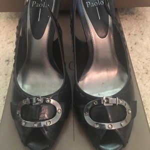 Paolo. Black sling backs, open toe heels. Size 5